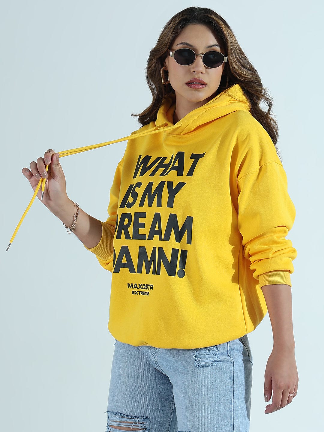 Women's Typography Printed Yellow Oversized Hoodie