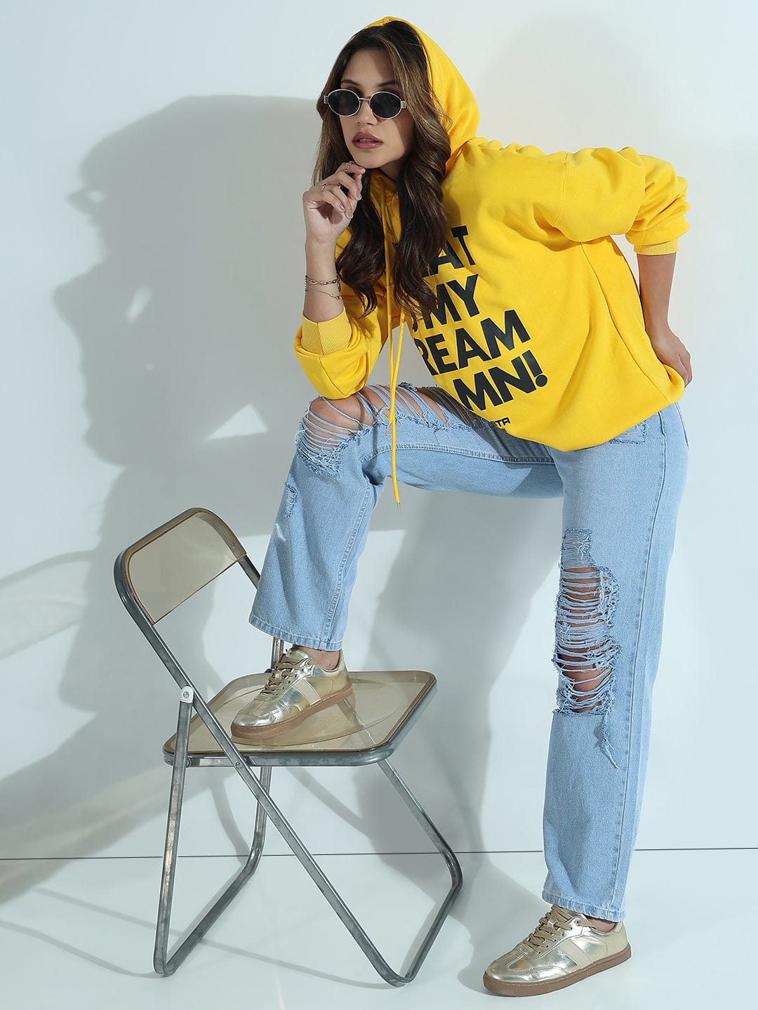 Women's Typography Printed Yellow Oversized Hoodie