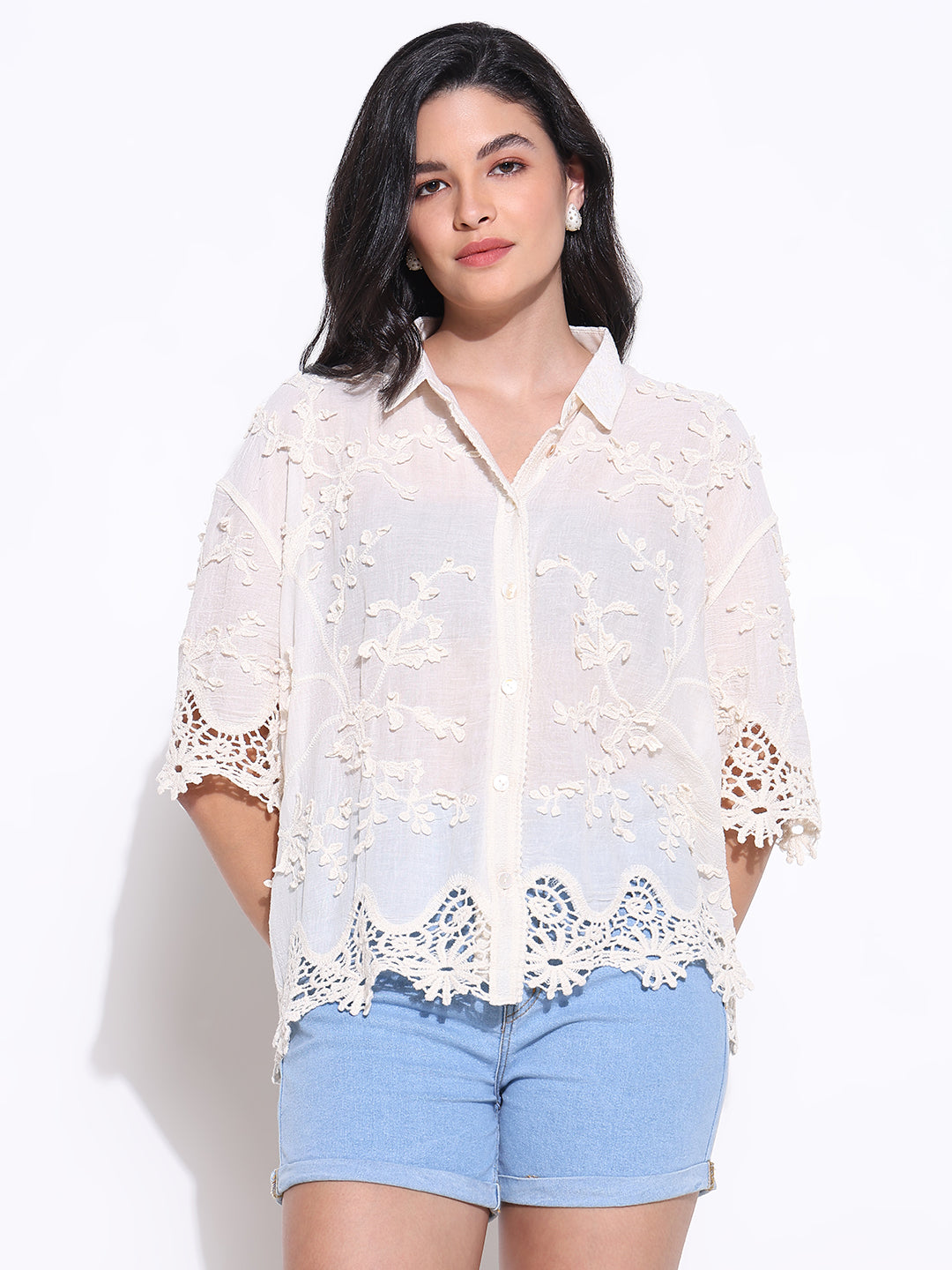 Women Solid Cream Oversized Shirt