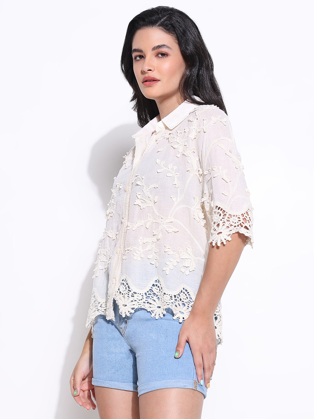 Women Solid Cream Oversized Shirt