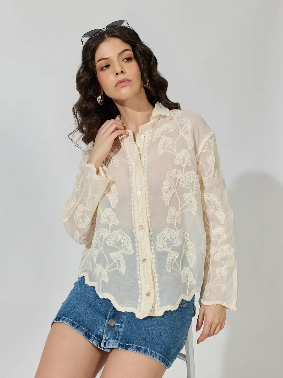 Women's Embellished Cream Long Sleeve Shirt