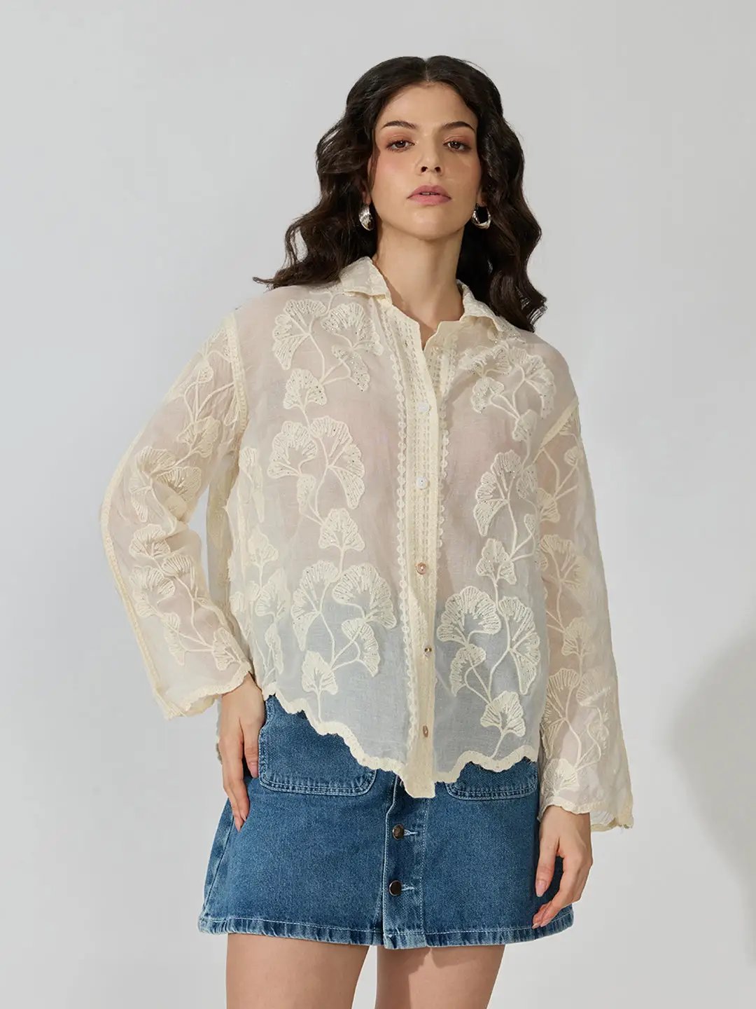 Women's Embellished Cream Long Sleeve Shirt