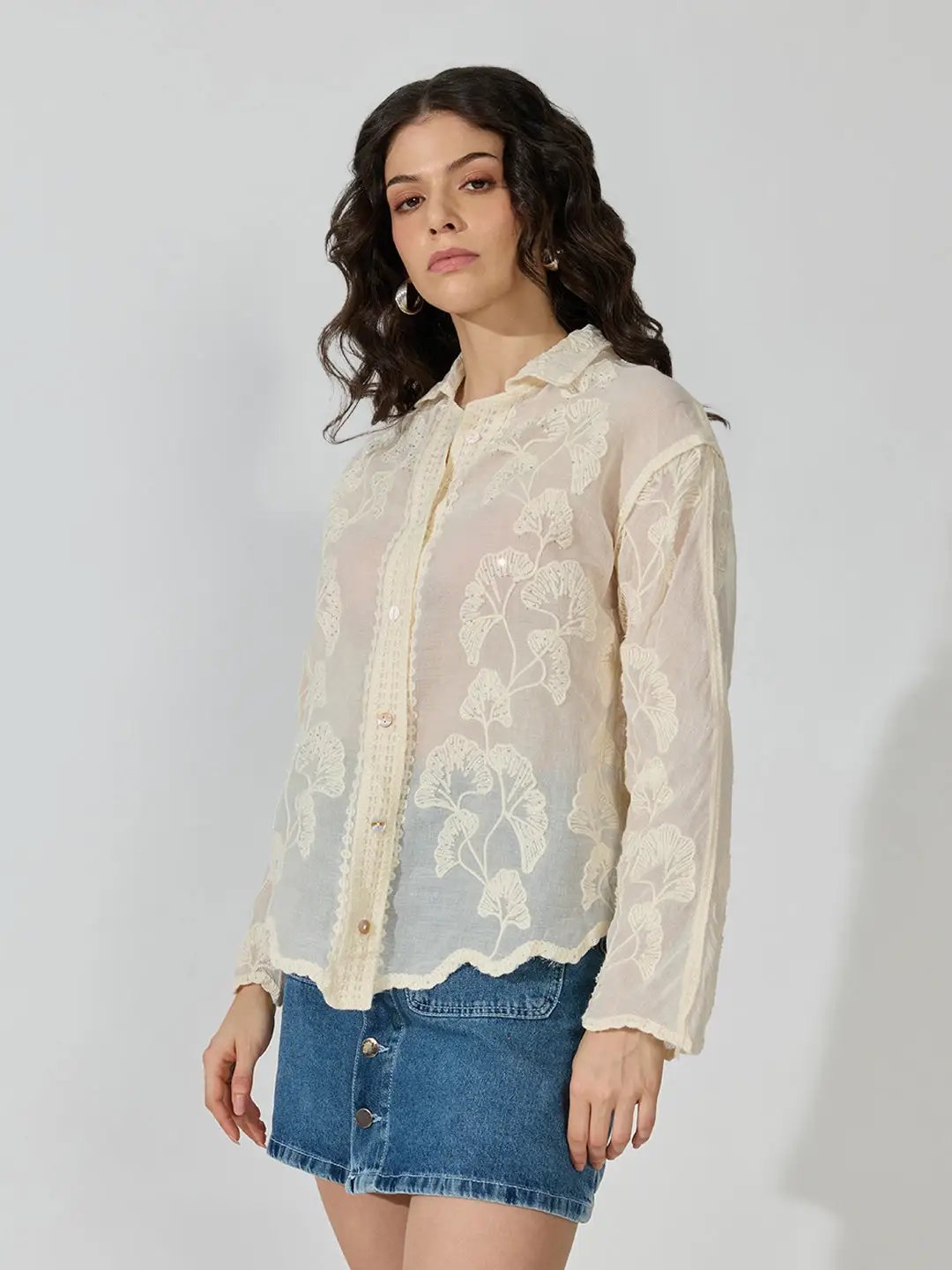 Women's Embellished Cream Long Sleeve Shirt