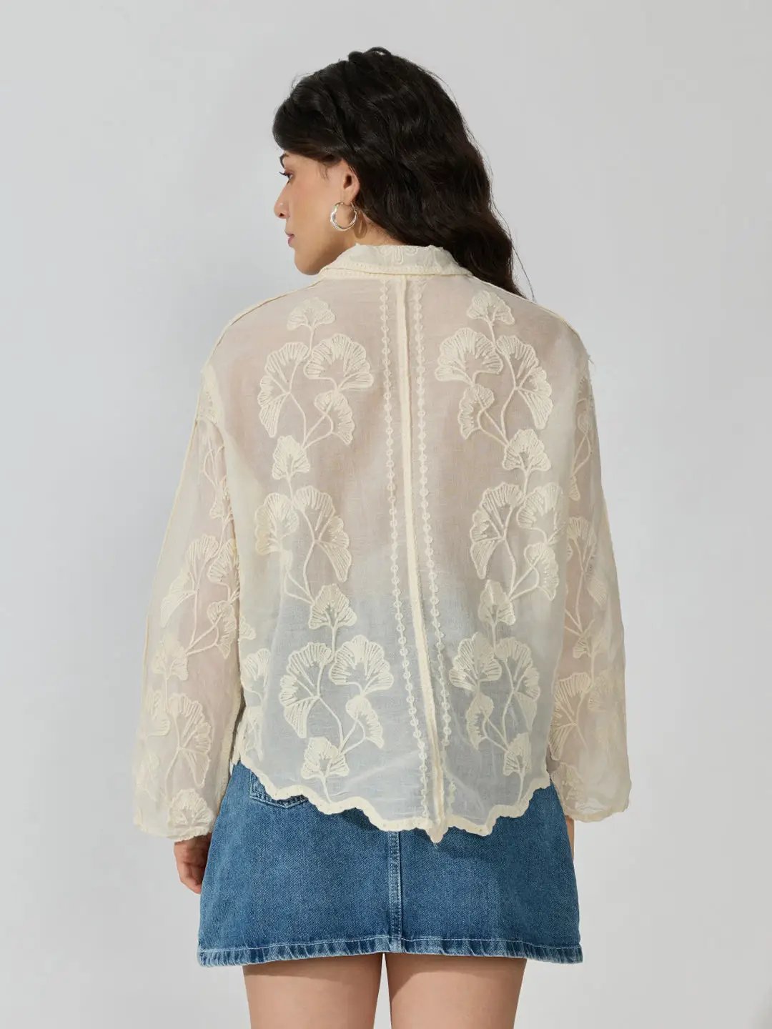 Women's Embellished Cream Long Sleeve Shirt