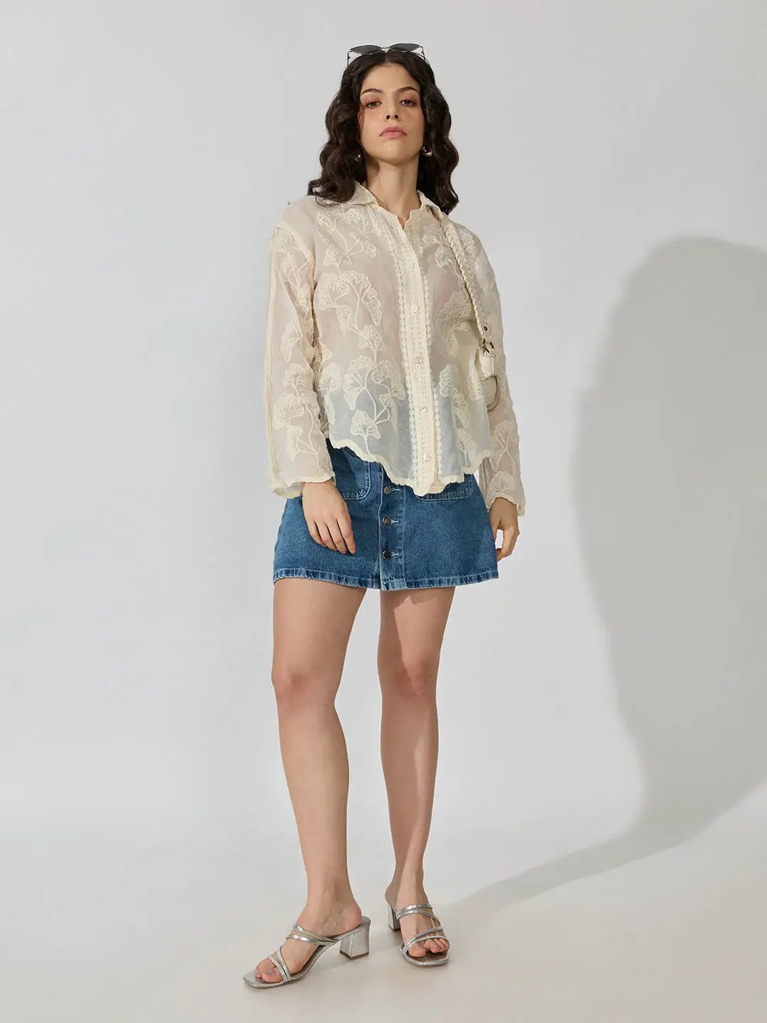 Women's Embellished Cream Long Sleeve Shirt