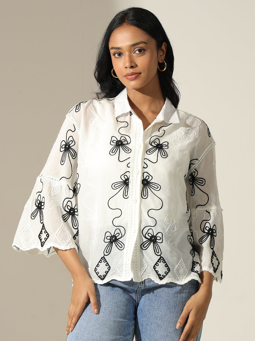 Women's Embroidered White Relaxed Fit Shirt with Scalloped Hem