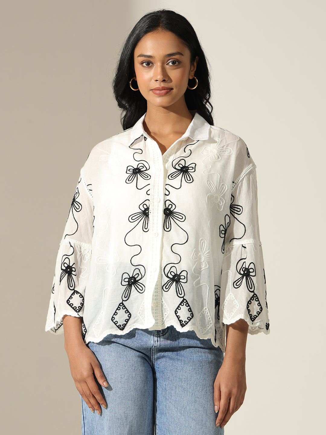 Women's Embroidered White Relaxed Fit Shirt with Scalloped Hem