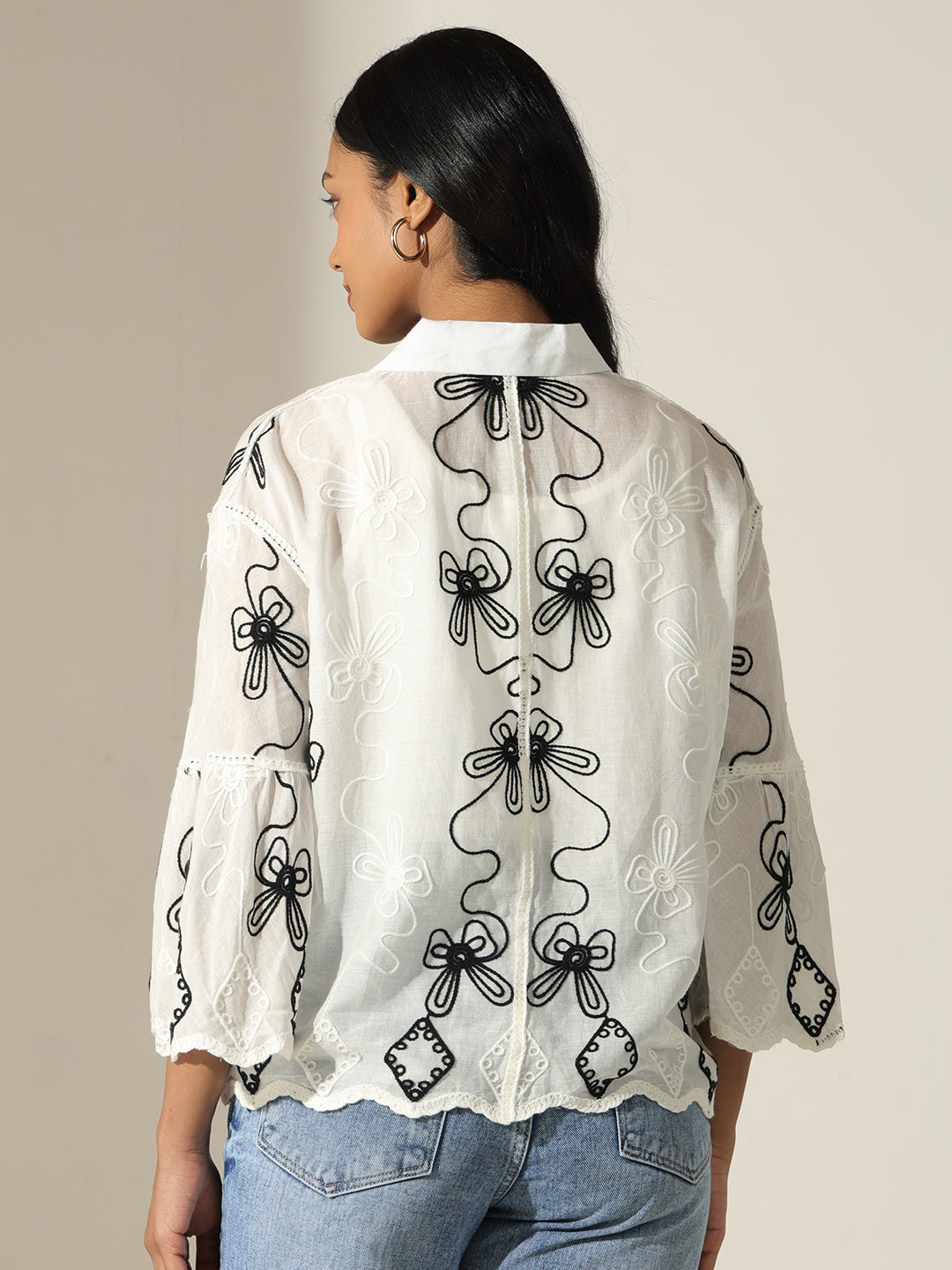 Women's Embroidered White Relaxed Fit Shirt with Scalloped Hem