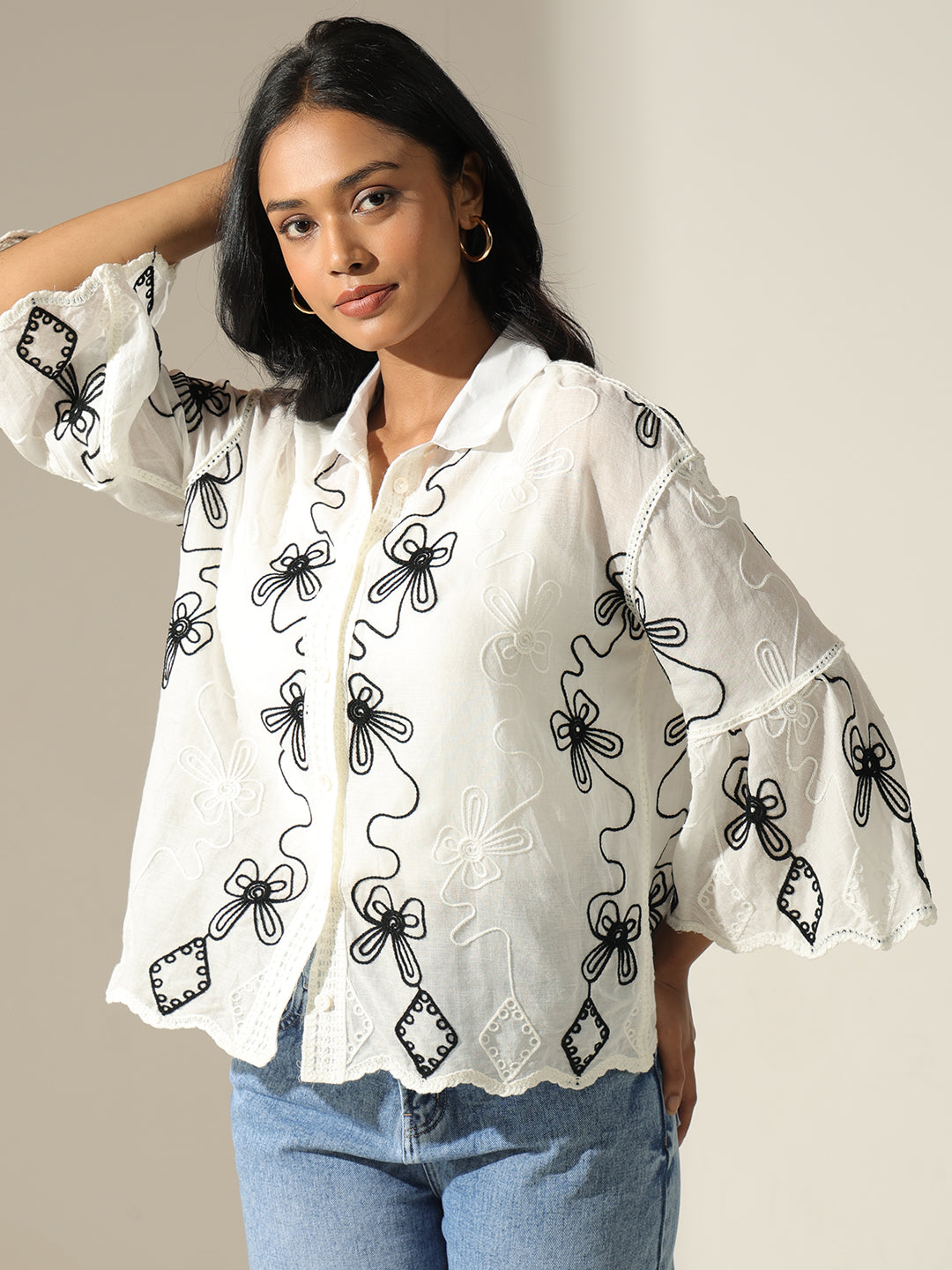 Women's Embroidered White Relaxed Fit Shirt with Scalloped Hem