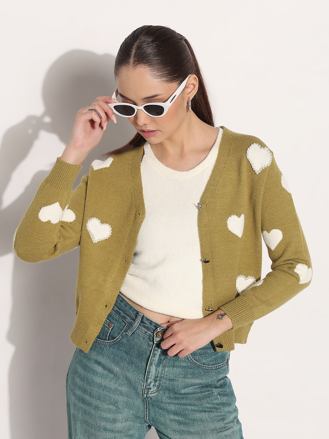 Women's Knitted Green V-Neck Cardigan Top with Heart Embellishments and Buttons