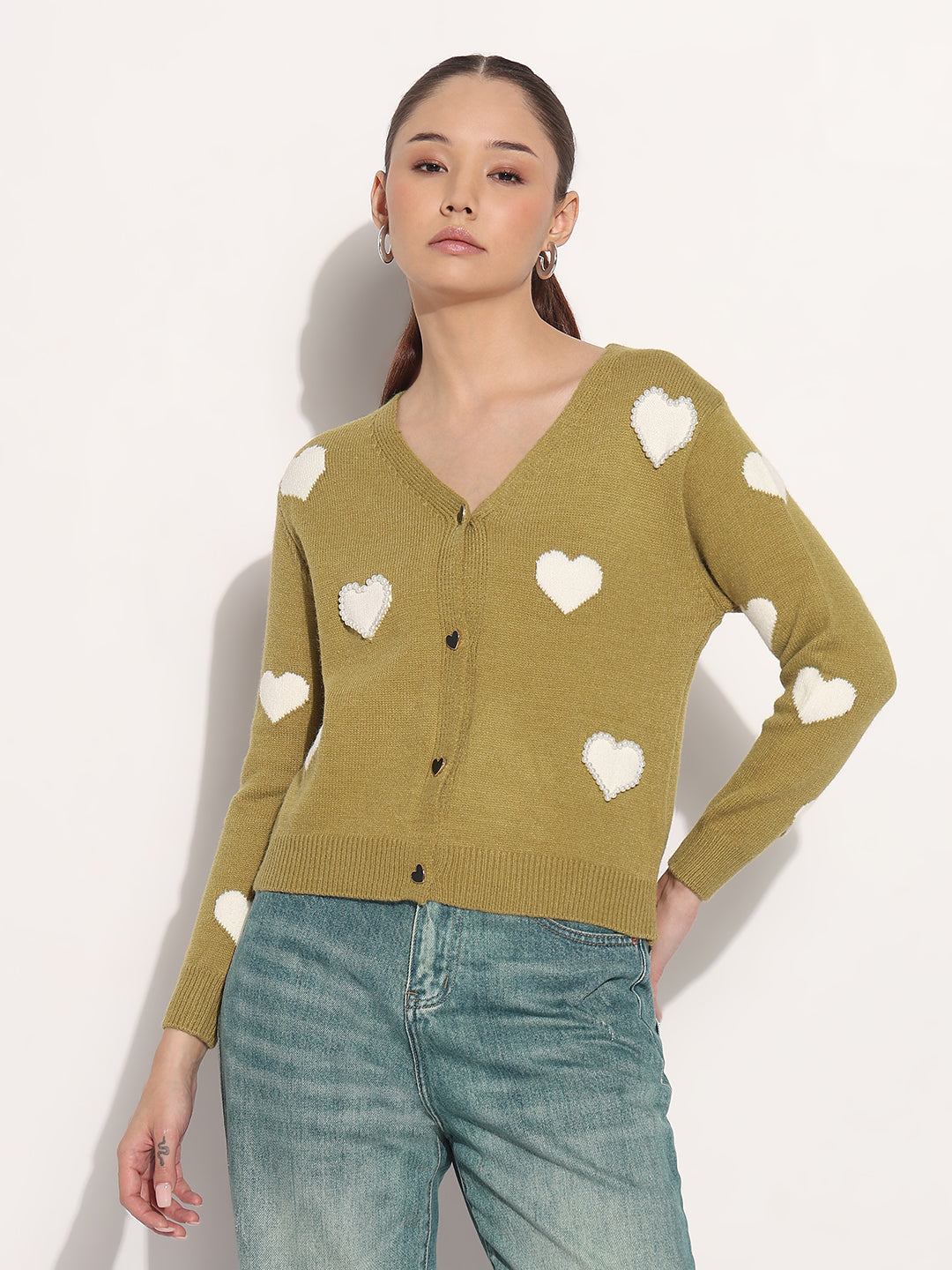 Women's Knitted Green V-Neck Cardigan Top with Heart Embellishments and Buttons