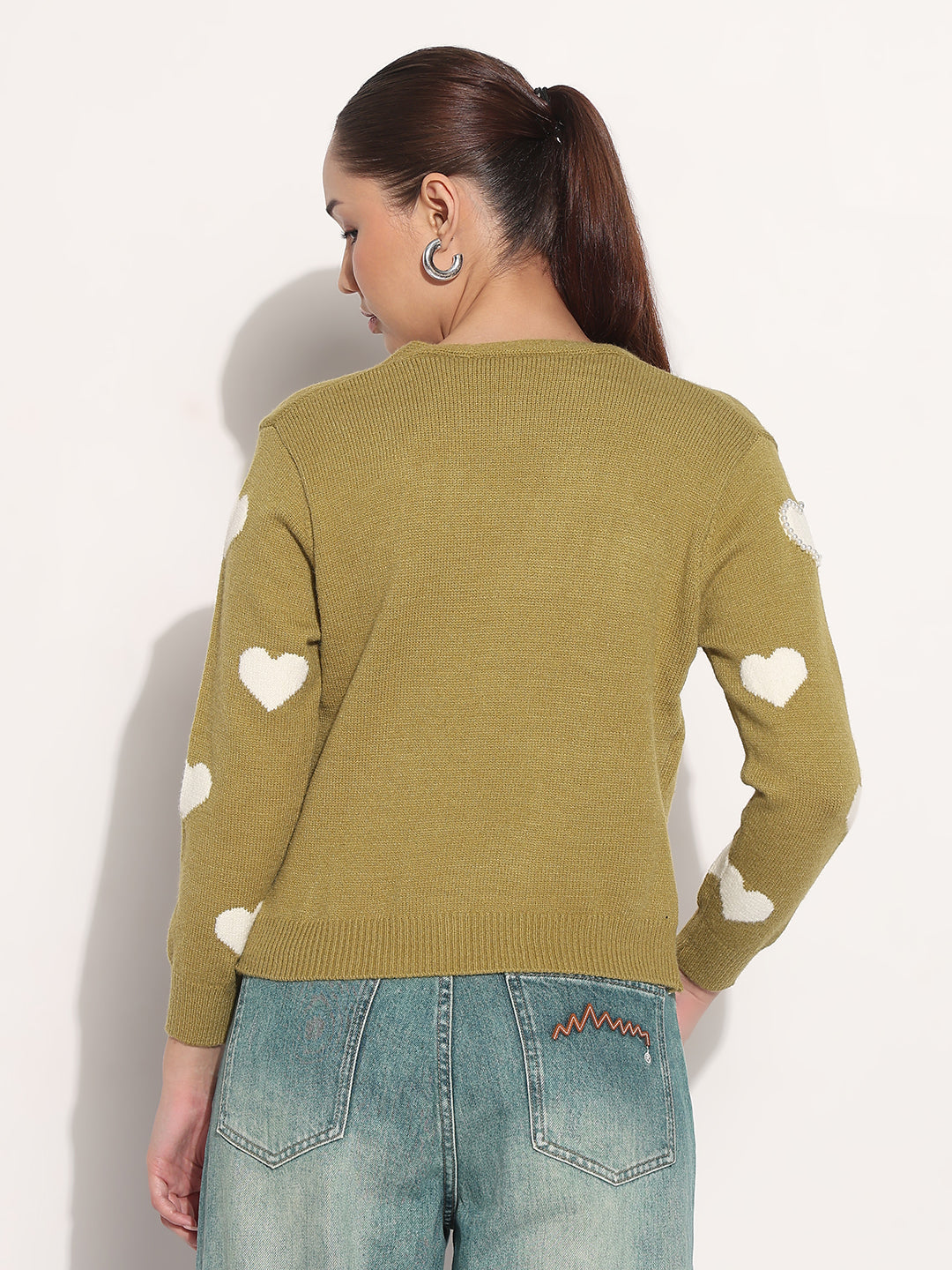 Women's Knitted Green V-Neck Cardigan Top with Heart Embellishments and Buttons