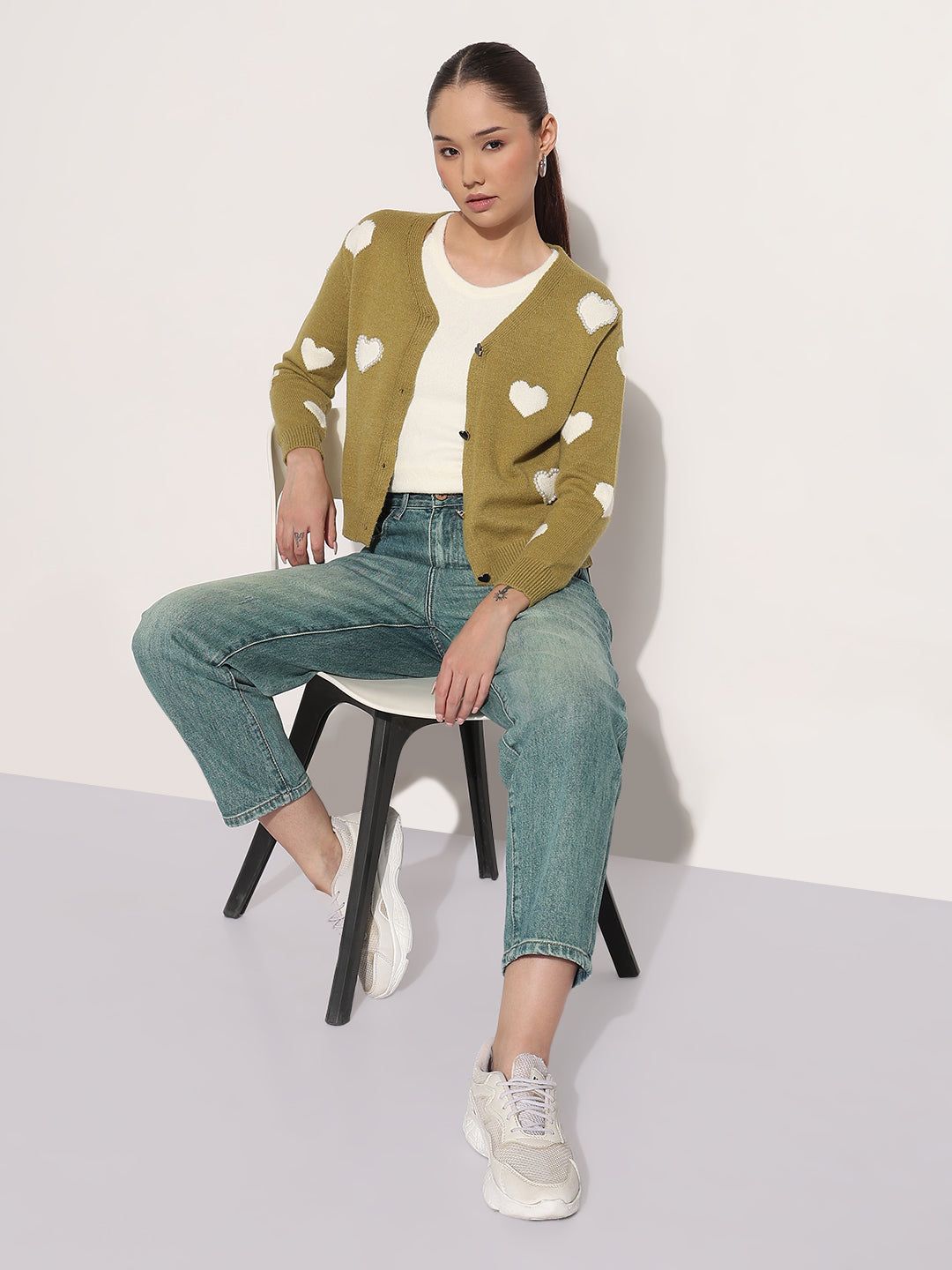 Women's Knitted Green V-Neck Cardigan Top with Heart Embellishments and Buttons