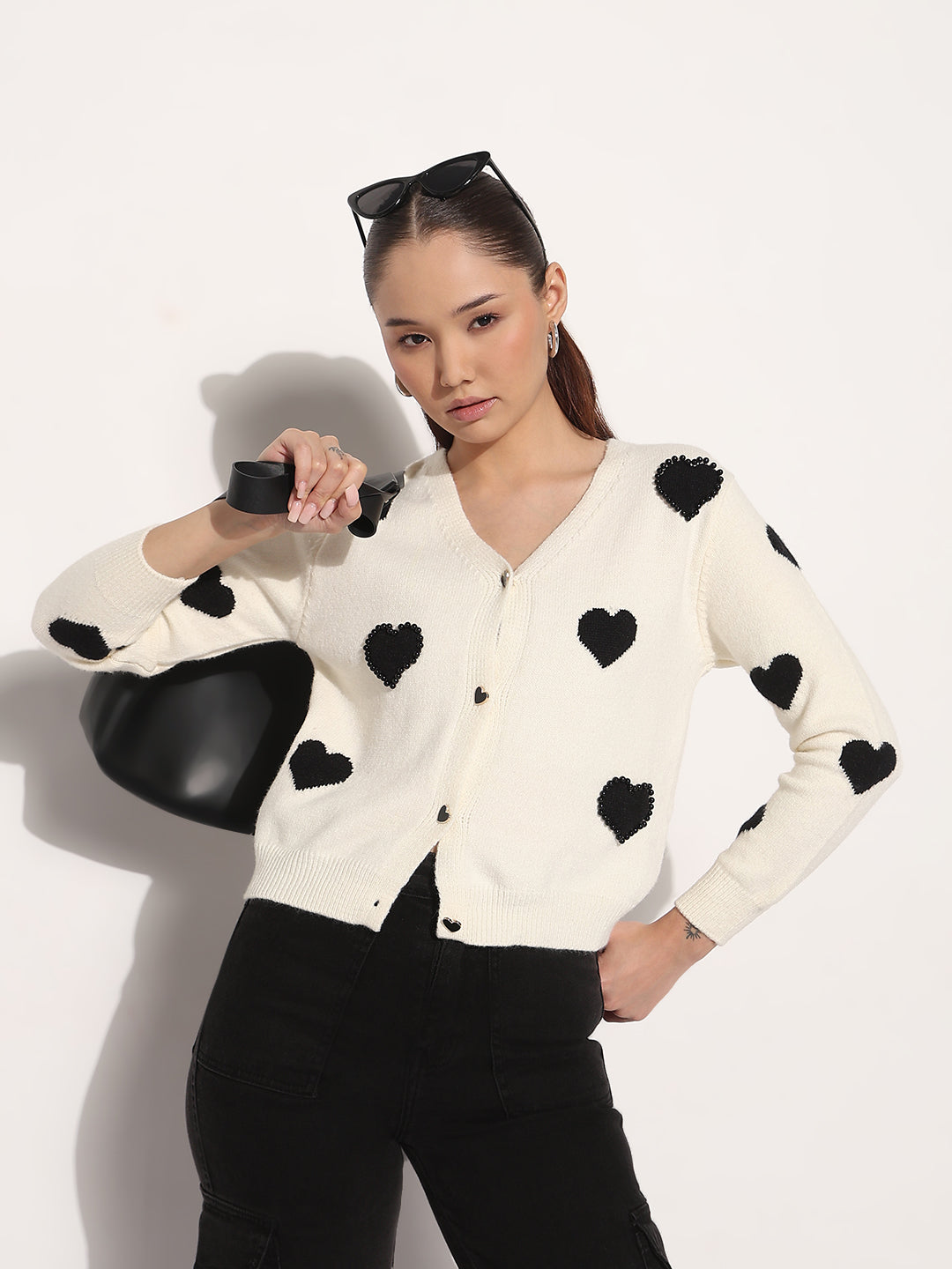 Women's Knitted Off White V-Neck Cardigan Top with Heart Embellishments and Buttons
