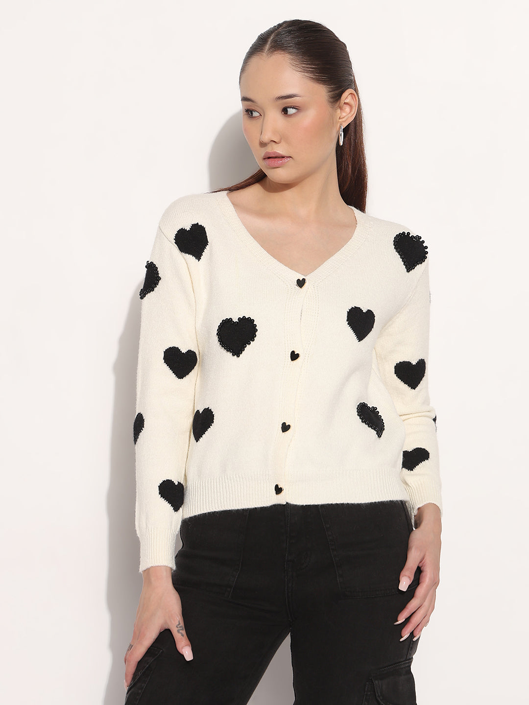 Women's Knitted Off White V-Neck Cardigan Top with Heart Embellishments and Buttons