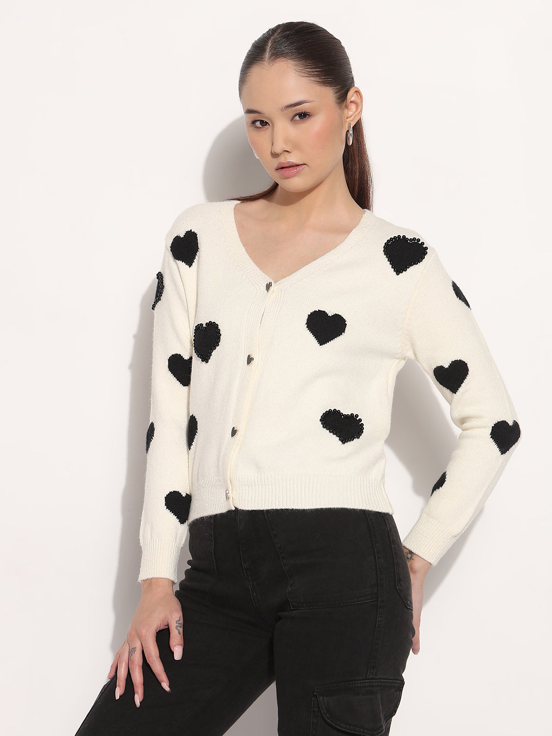 Women's Knitted Off White V-Neck Cardigan Top with Heart Embellishments and Buttons