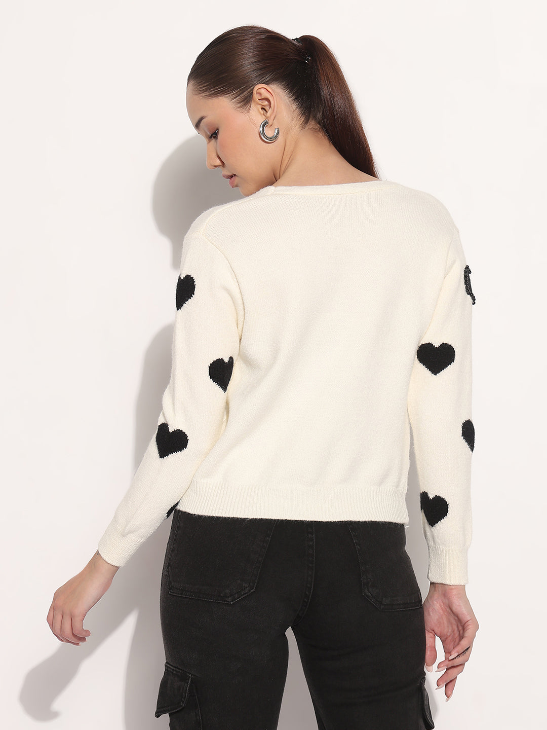 Women's Knitted Off White V-Neck Cardigan Top with Heart Embellishments and Buttons