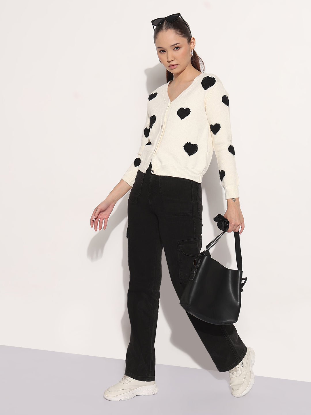 Women's Knitted Off White V-Neck Cardigan Top with Heart Embellishments and Buttons