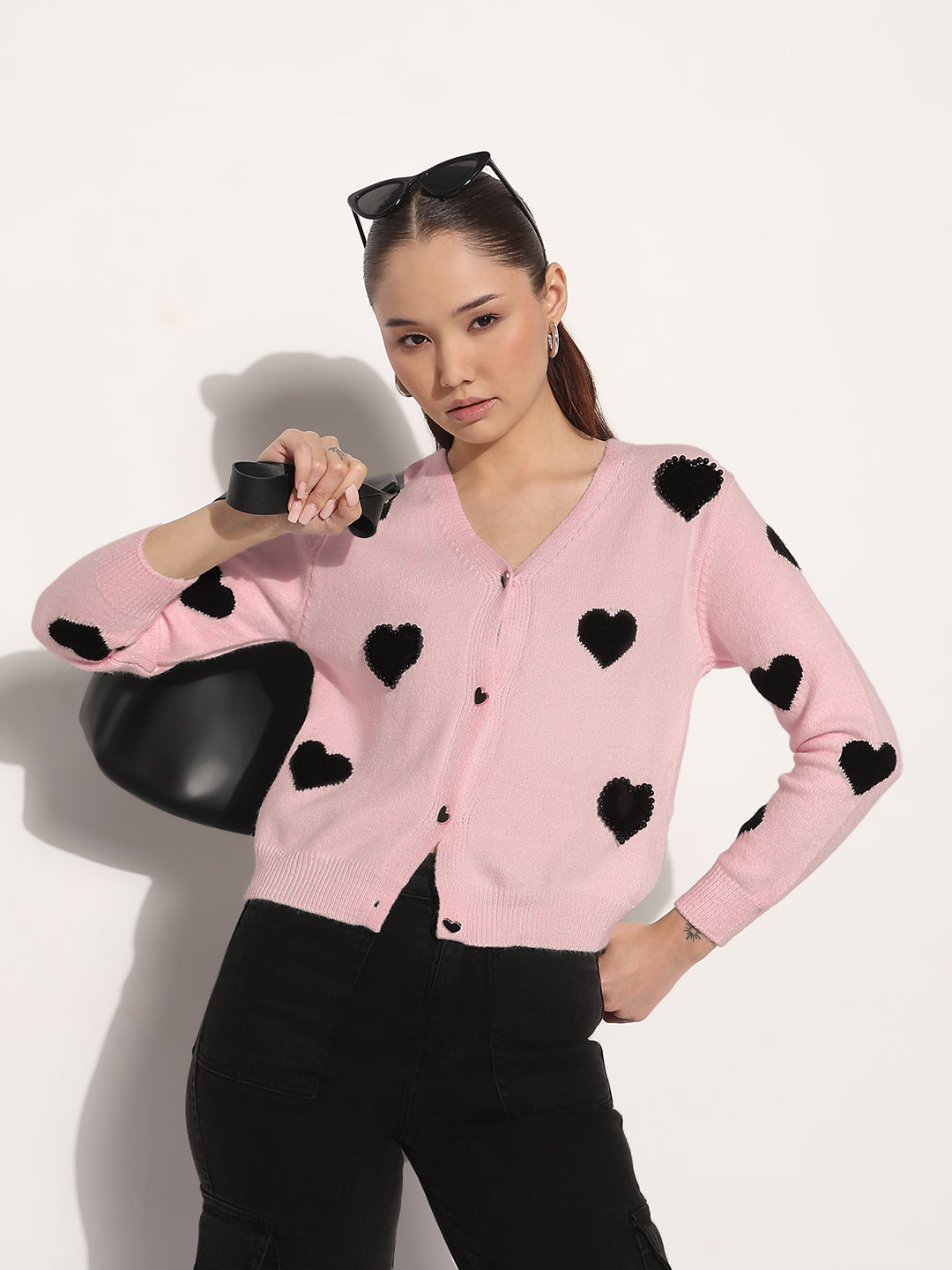Women's Knitted Pink V-Neck Cardigan Top with Heart Embellishments and Buttons