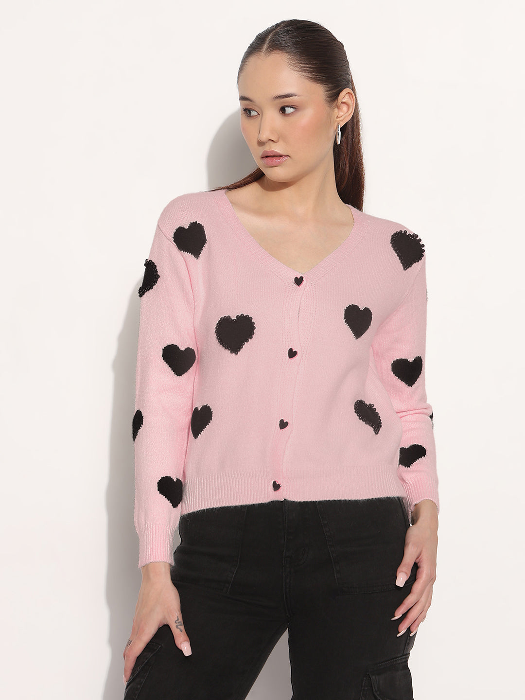 Women's Knitted Pink V-Neck Cardigan Top with Heart Embellishments and Buttons