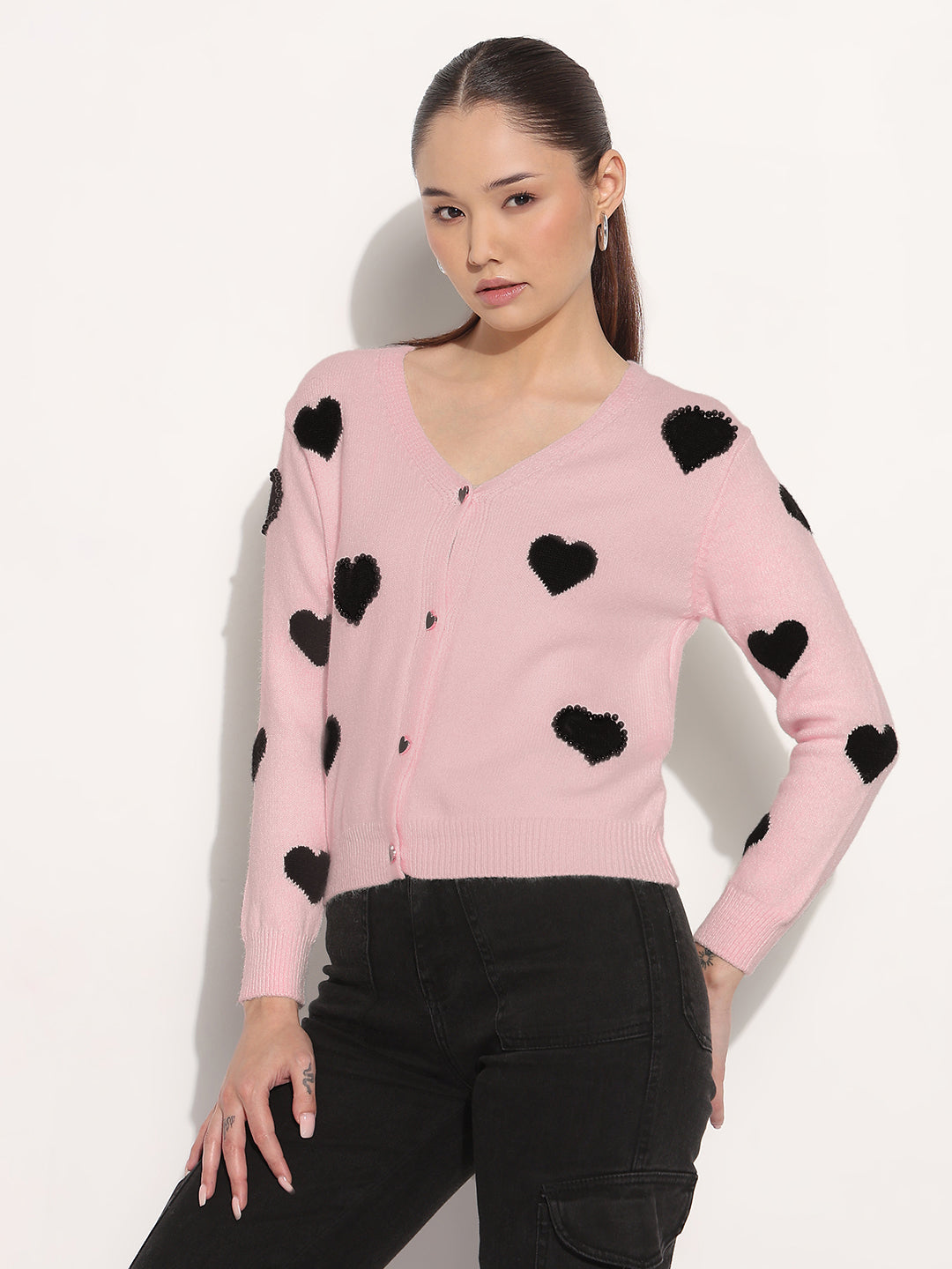 Women's Knitted Pink V-Neck Cardigan Top with Heart Embellishments and Buttons