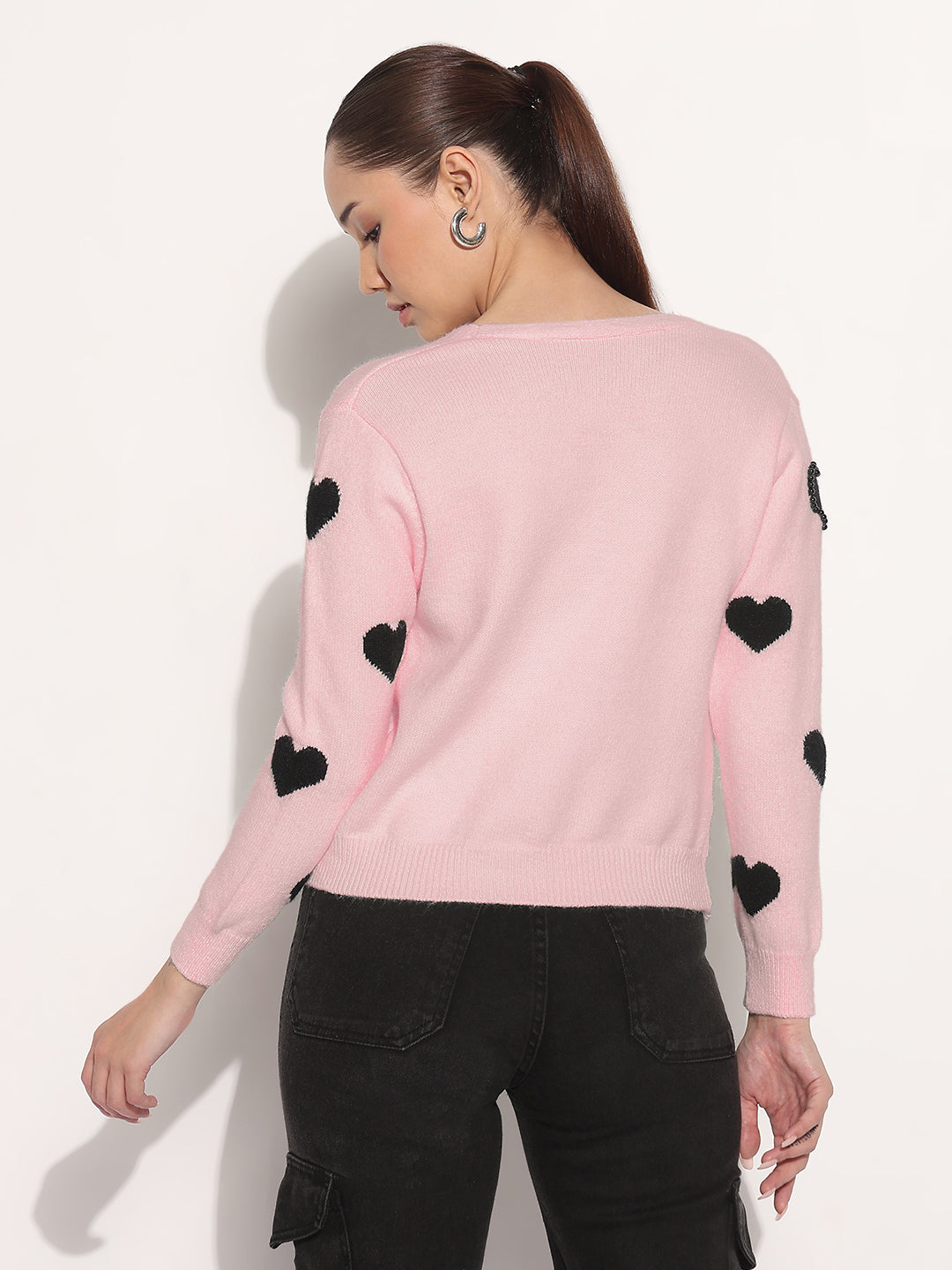 Women's Knitted Pink V-Neck Cardigan Top with Heart Embellishments and Buttons