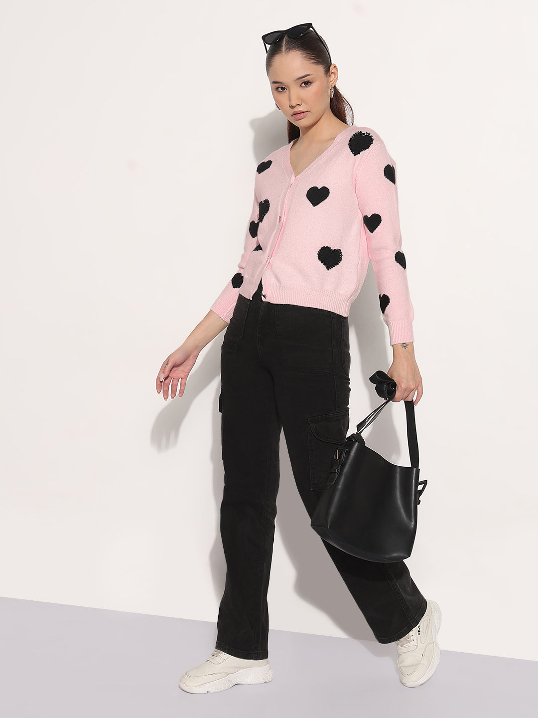 Women's Knitted Pink V-Neck Cardigan Top with Heart Embellishments and Buttons