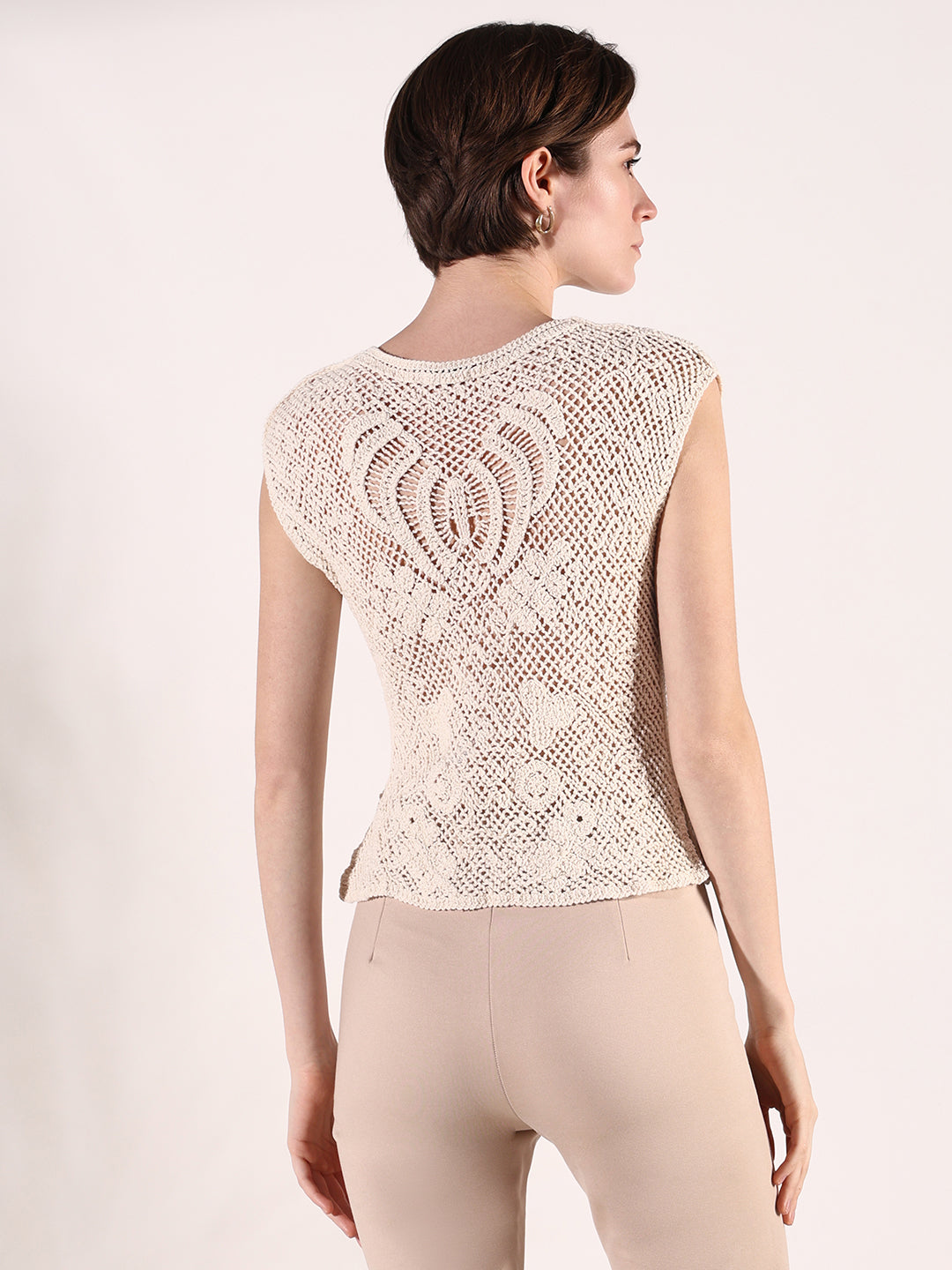 Women Cream Solid Crochet Top