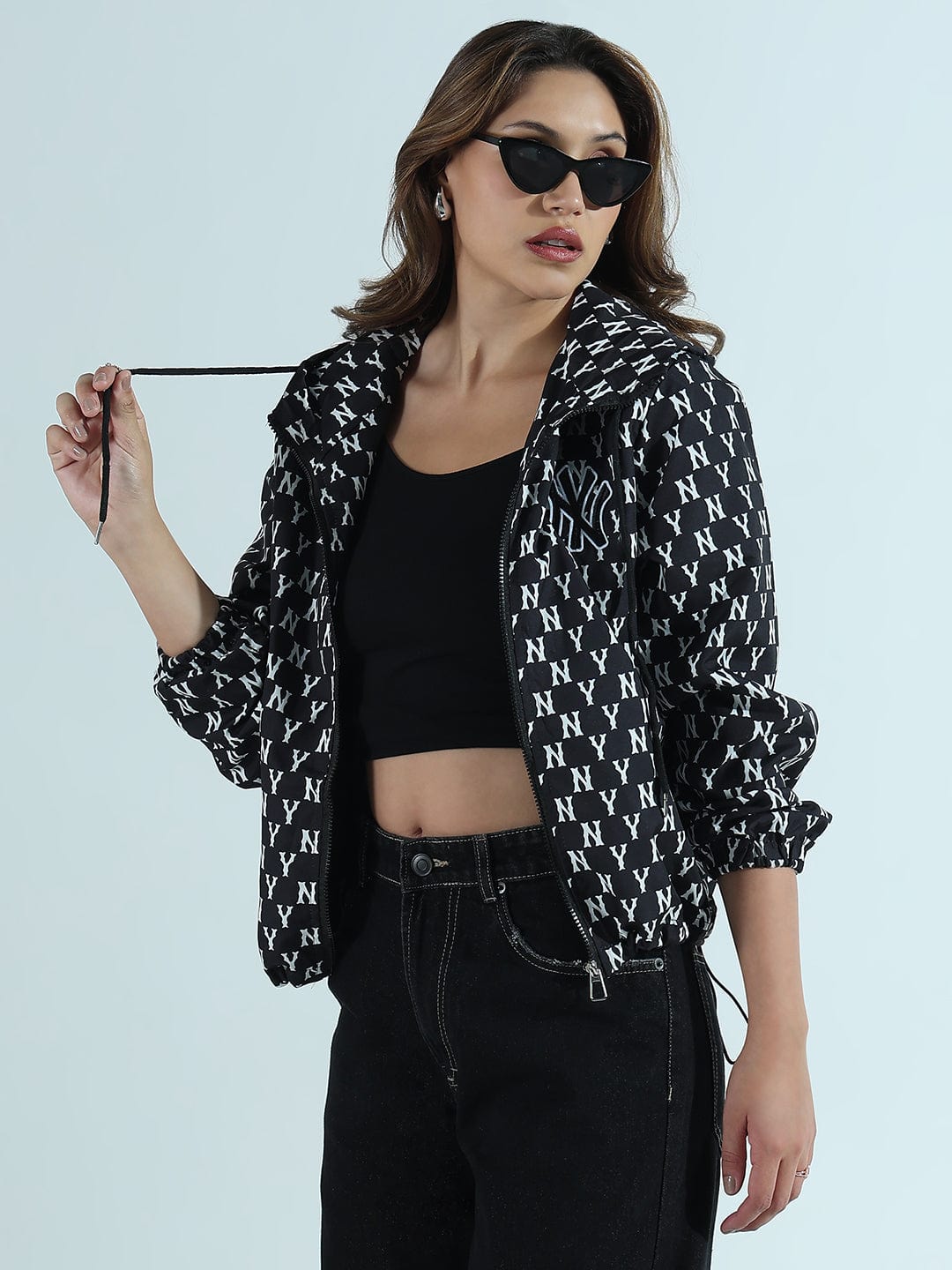 Women's Printed Black and White Oversized Bomber Jacket with Hood