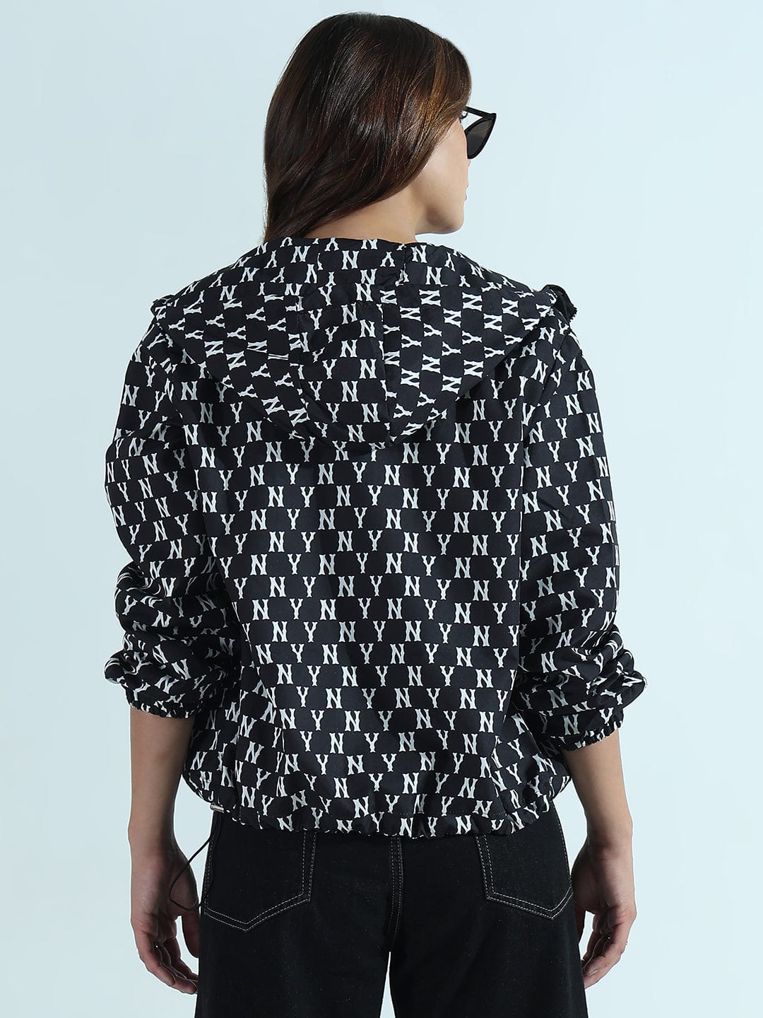 Women's Printed Black and White Oversized Bomber Jacket with Hood