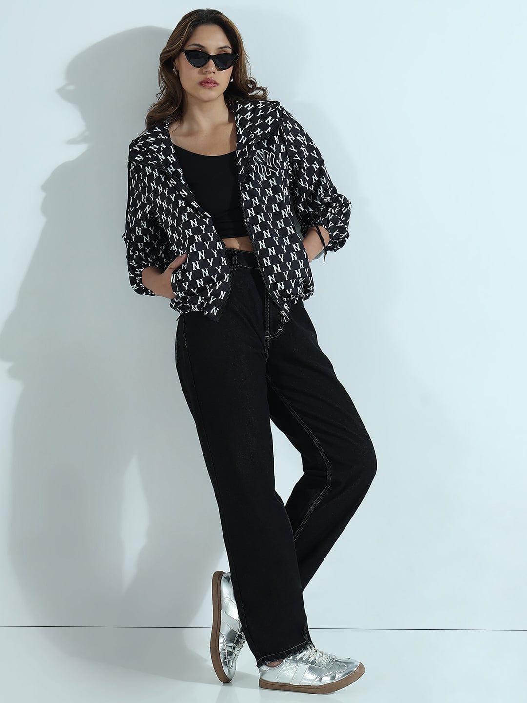 Women's Printed Black and White Oversized Bomber Jacket with Hood