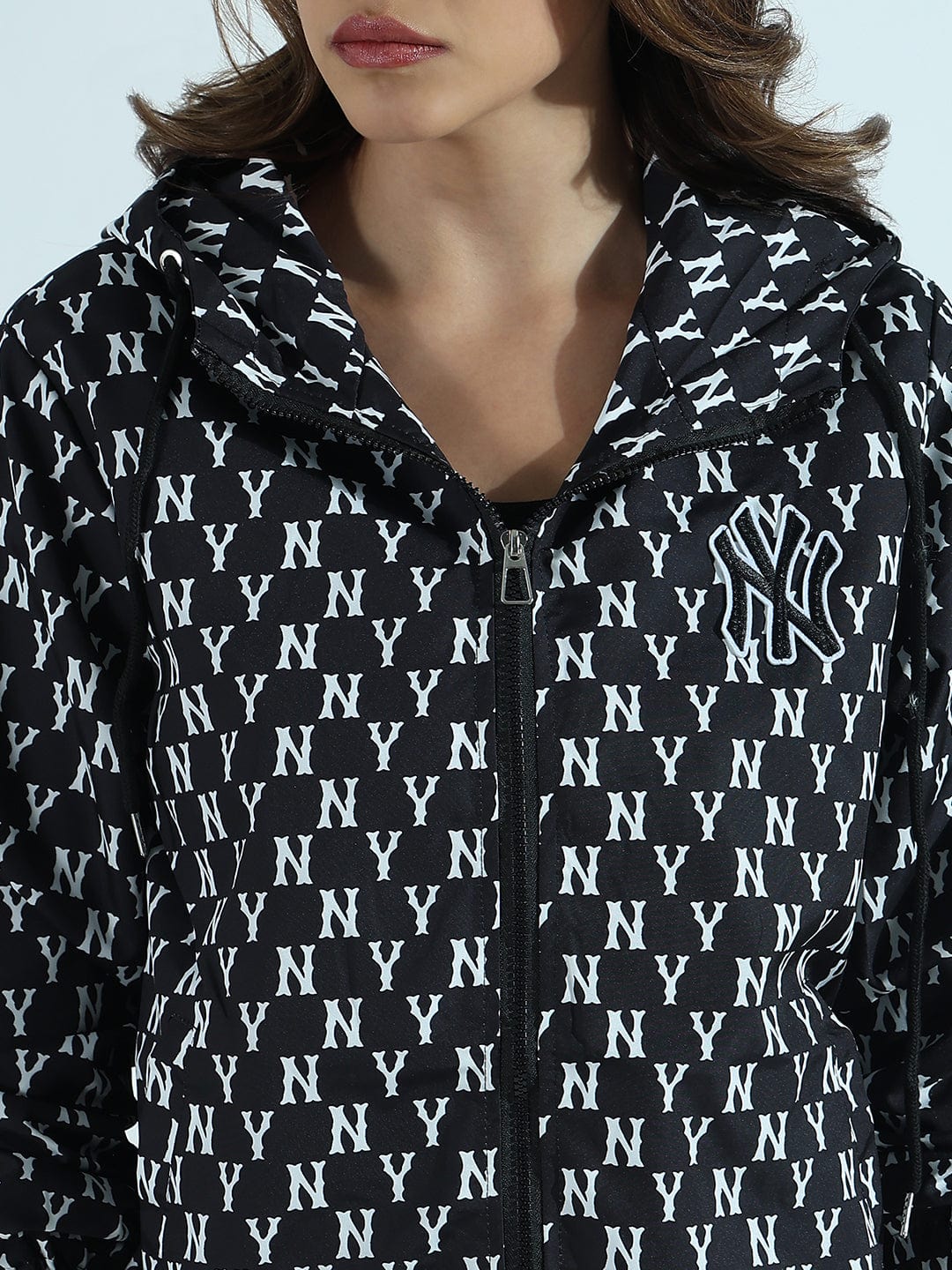Women's Printed Black and White Oversized Bomber Jacket with Hood