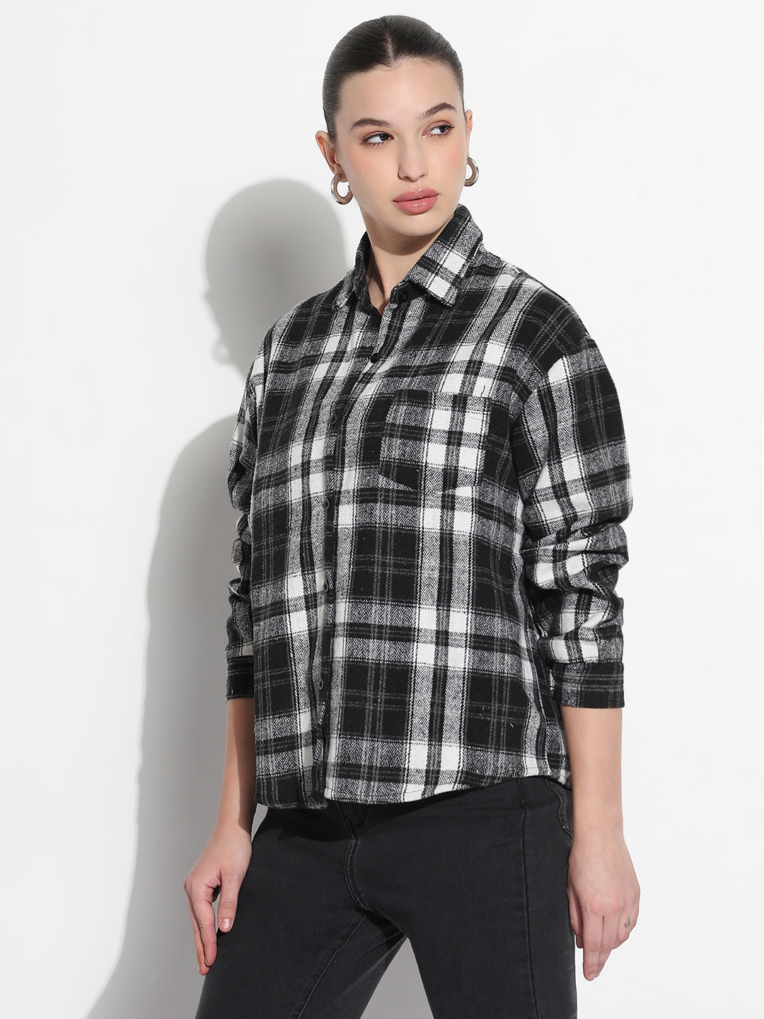 Women's Checked Black Relaxed Fit Shirt with Chest Pockets