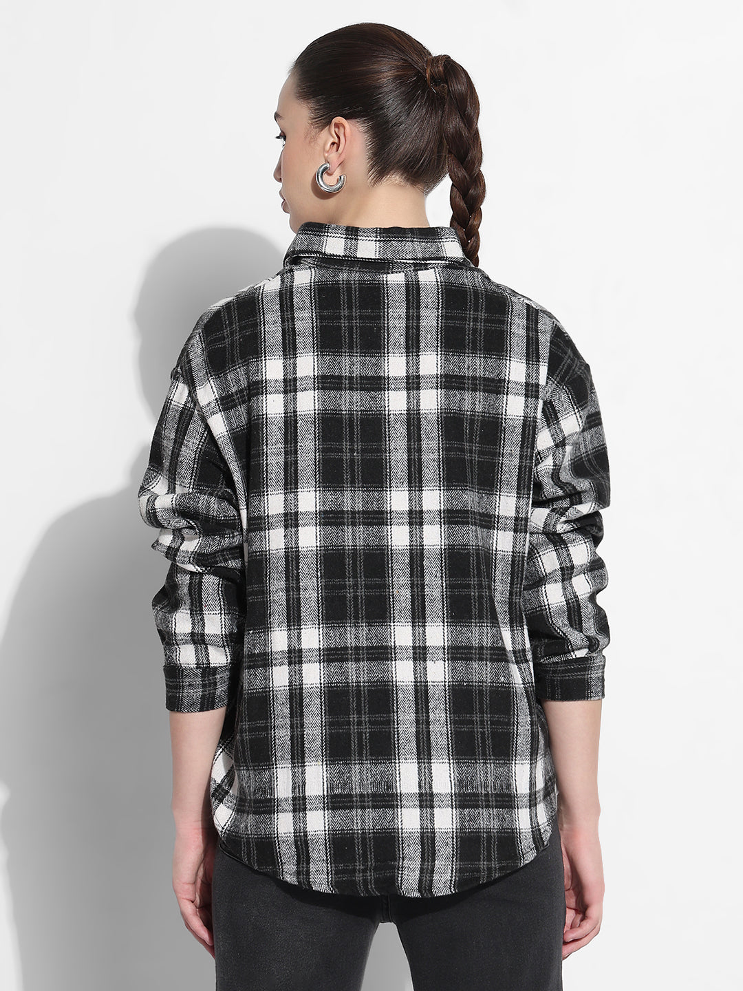 Women's Checked Black Relaxed Fit Shirt with Chest Pockets