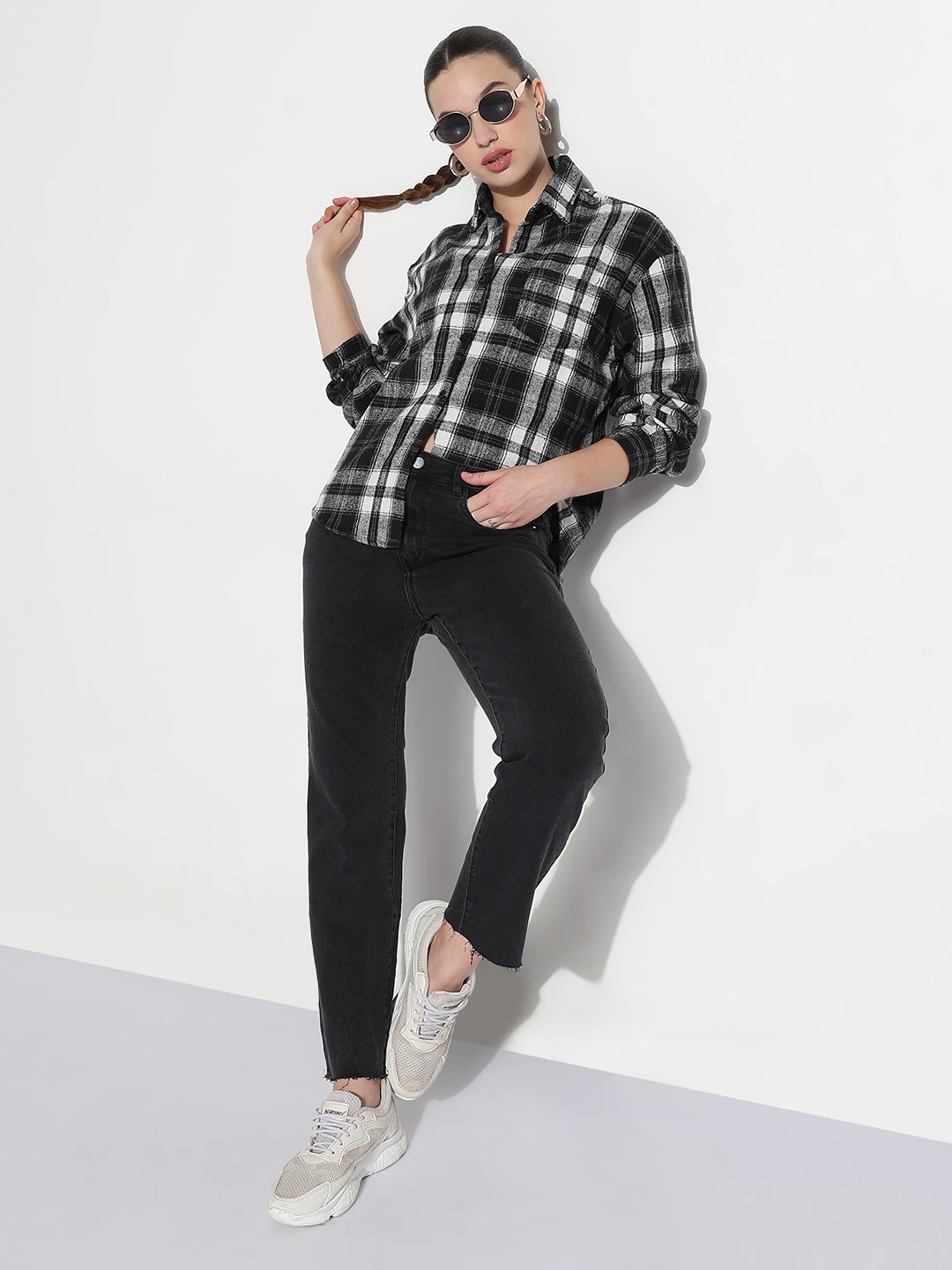 Women's Checked Black Relaxed Fit Shirt with Chest Pockets