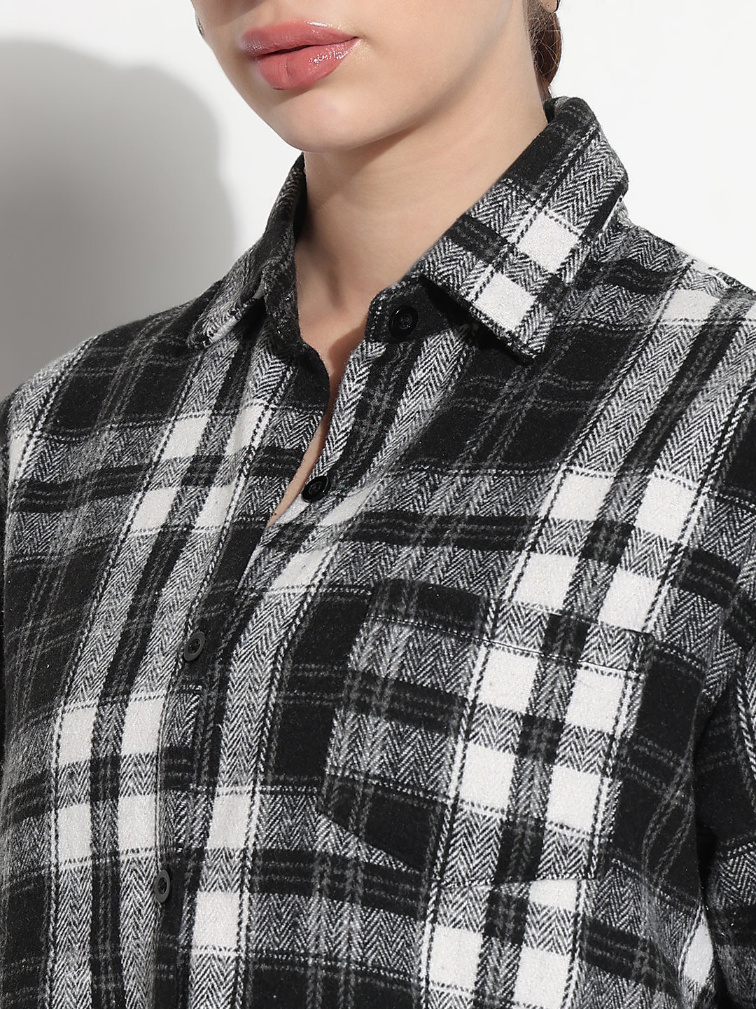 Women's Checked Black Relaxed Fit Shirt with Chest Pockets