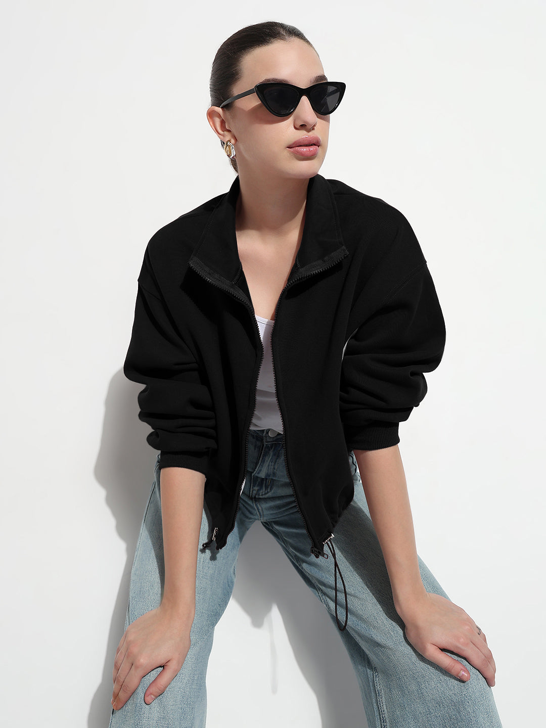 Women's Black Mock Collar Jacket with Contrast Detail