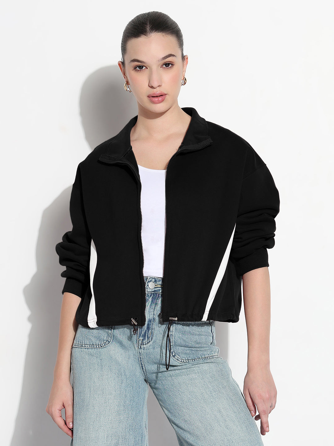 Women's Black Mock Collar Jacket with Contrast Detail
