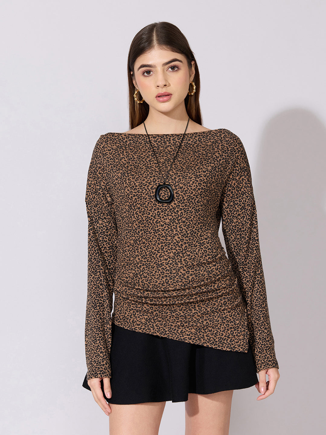 Women's Printed Brown Off-Shoulder Asymmetric Top