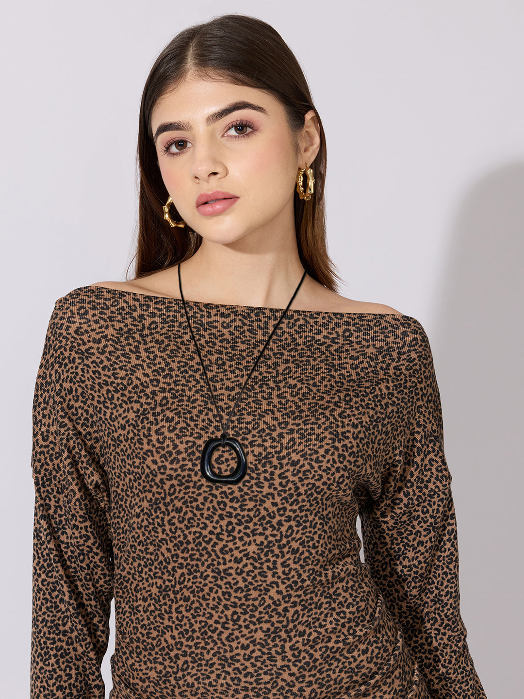 Women's Printed Brown Off-Shoulder Asymmetric Top