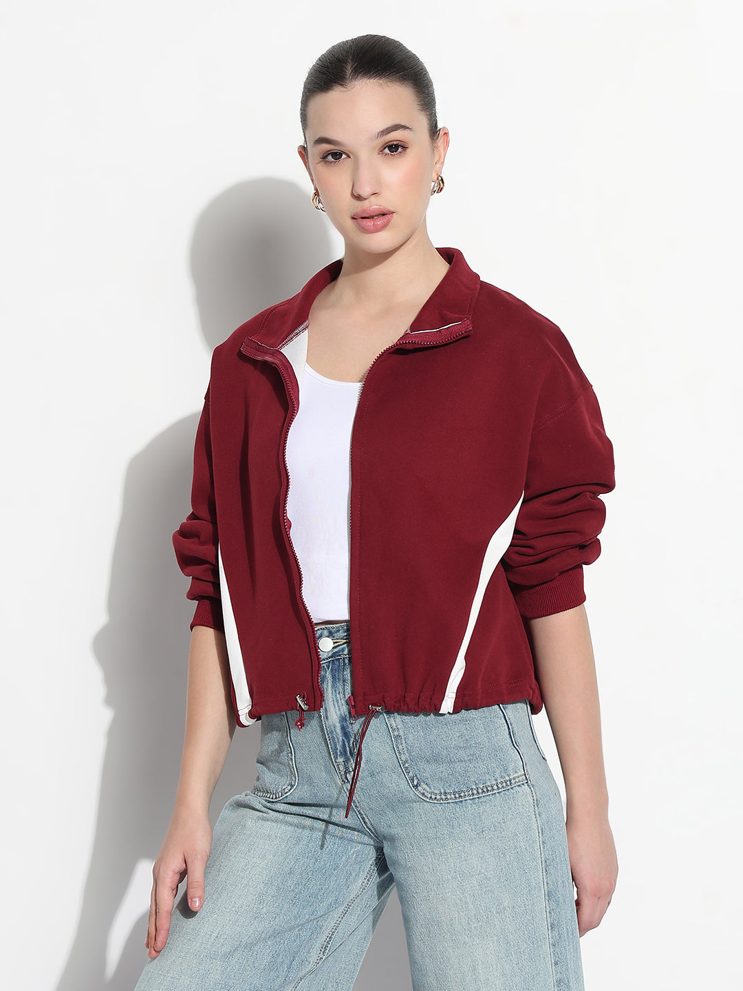 Women's Maroon Mock Collar Jacket with Contrast Detail