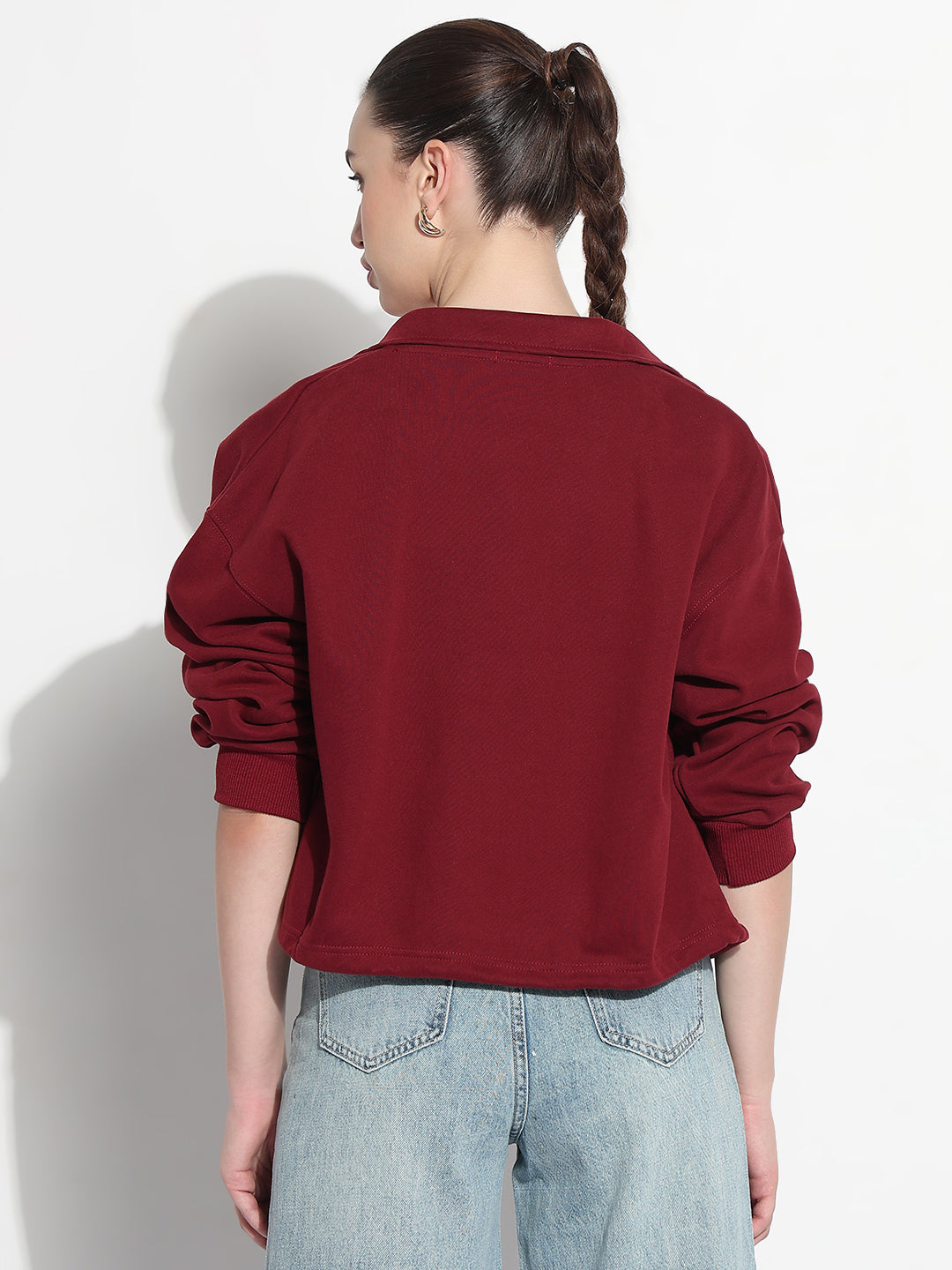 Women's Maroon Mock Collar Jacket with Contrast Detail