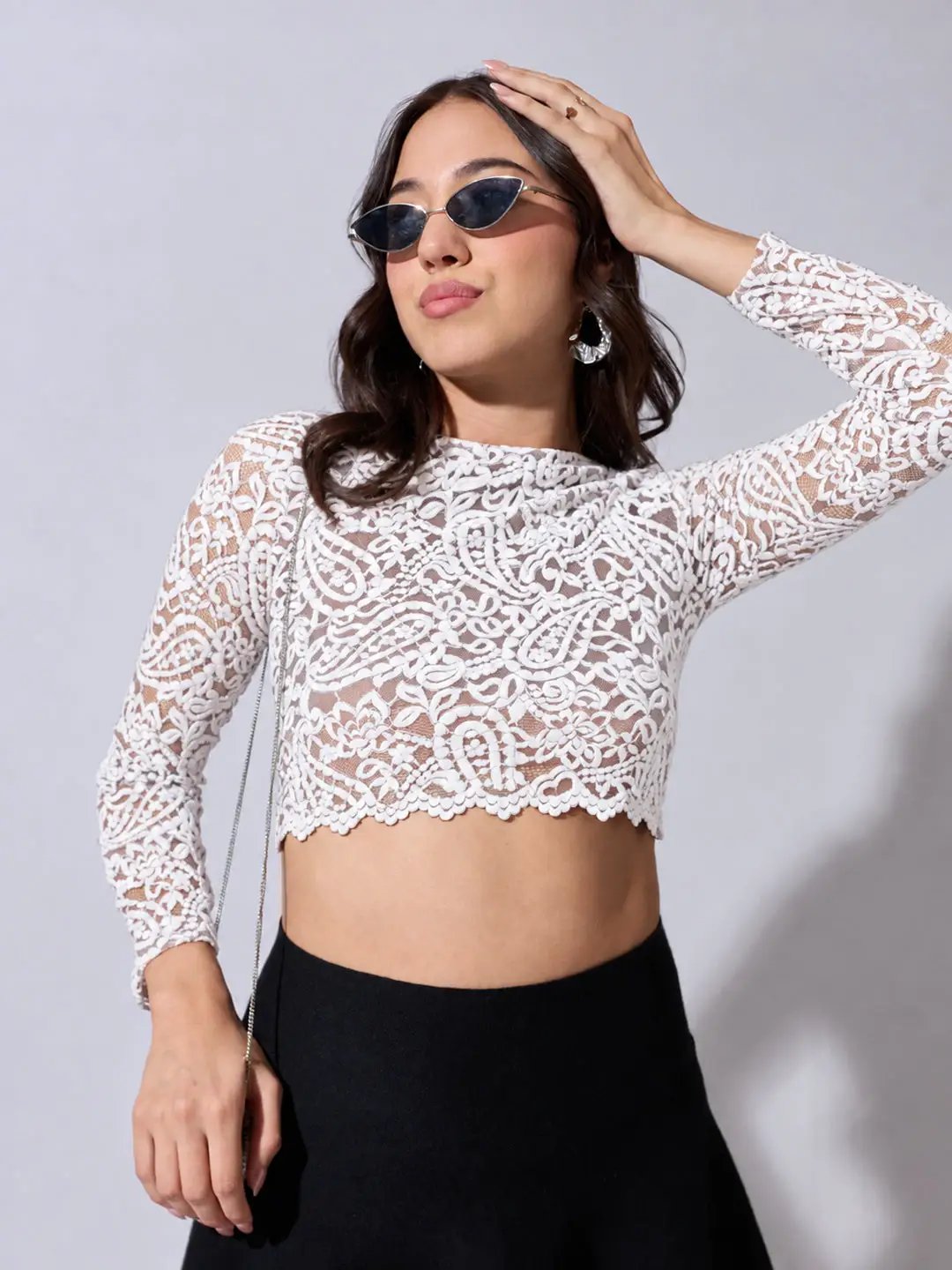 Women's Embroidered White Mesh Crop Top