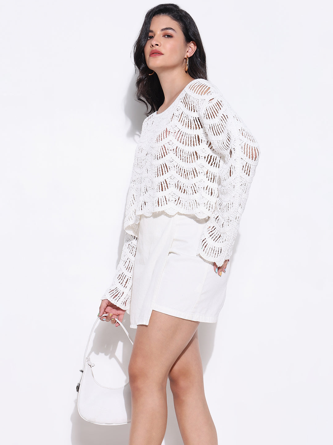 Women White Solid Crochet Top