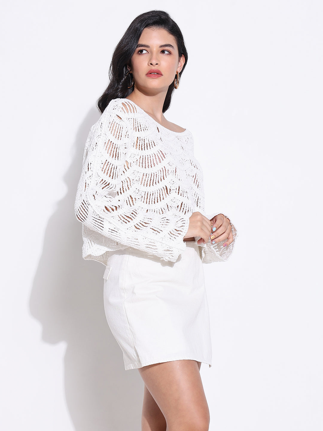 Women White Solid Crochet Top