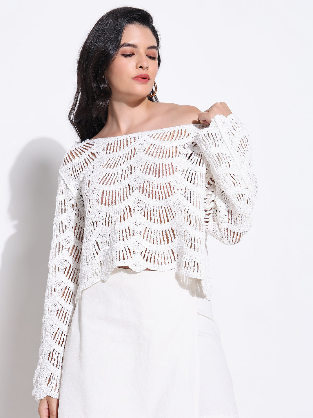 Women White Solid Crochet Top