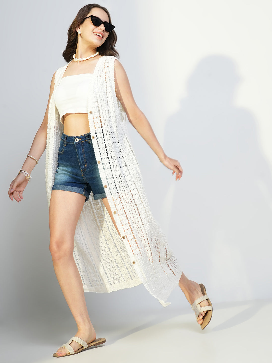 Women Solid White Longline Crochet Shrug