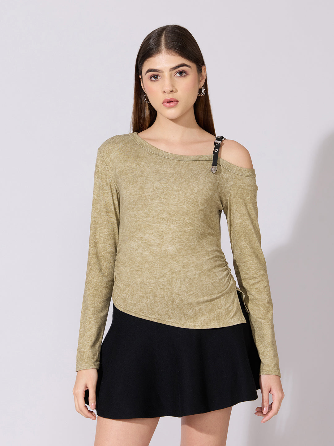 Women's Olive Off-Shoulder Top with Buckle Strap