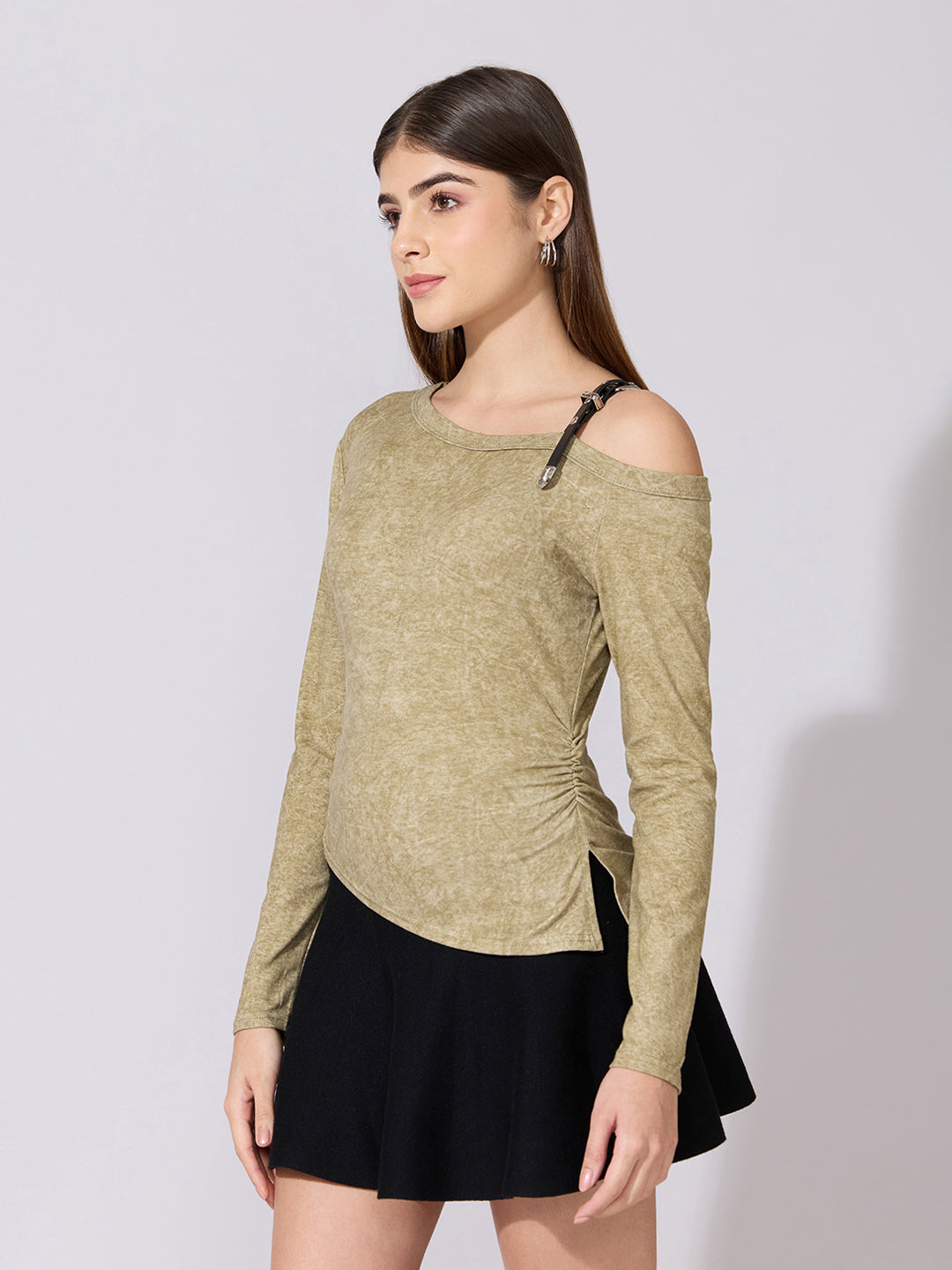 Women's Olive Off-Shoulder Top with Buckle Strap
