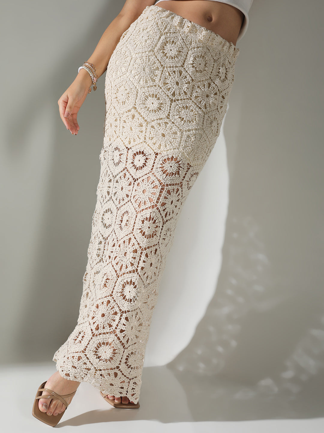 Women Cream Solid Straight Crochet Skirt